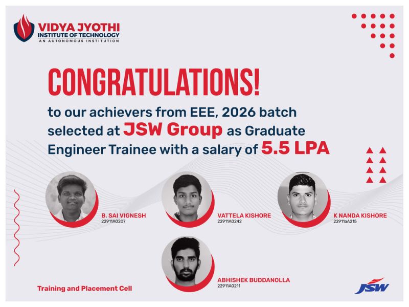 Congratulations to Our EEE Students on Their Selection at JSW Group