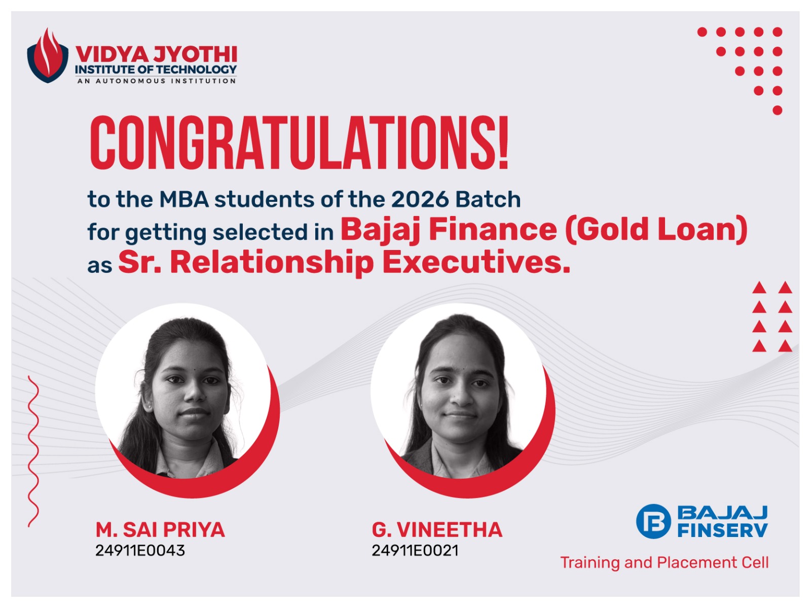 Bajaj Finance VJIT MBA Students Selected by Bajaj Finance