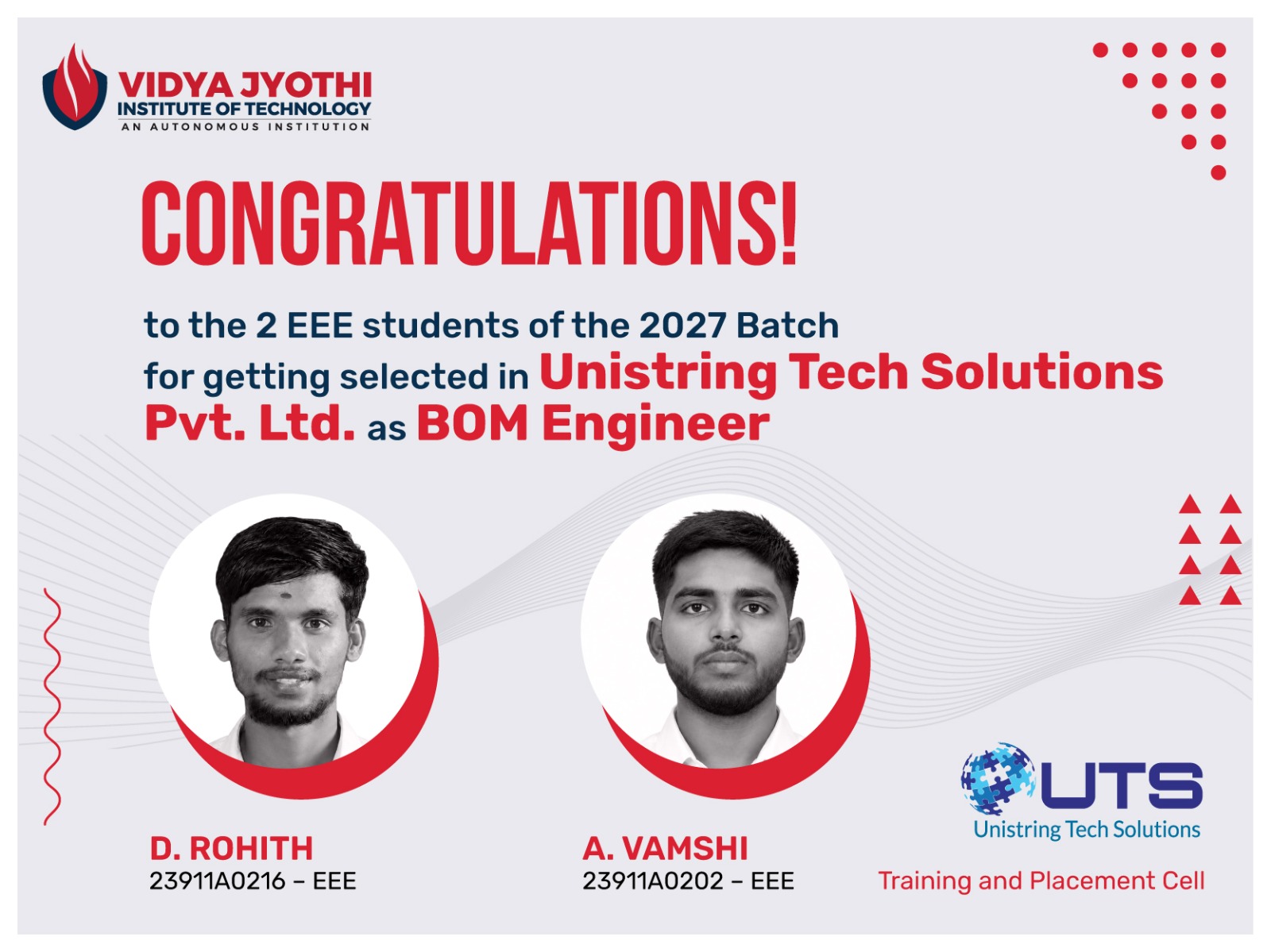 Unistring Tech Solutions selected students Unistring Tech Solutions Selected students from VJIT